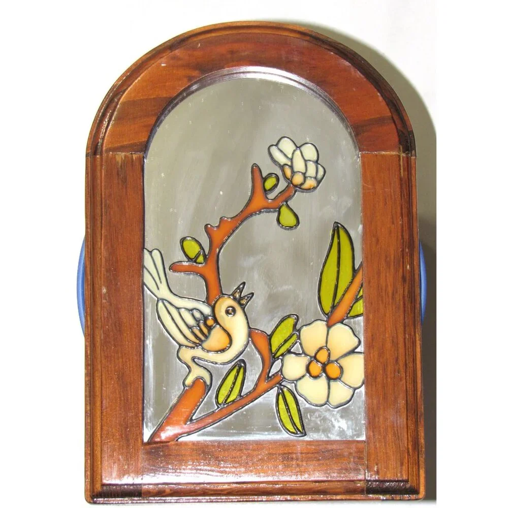 Stained Glass Wooden Framed Bird & Flower Design Wall Art